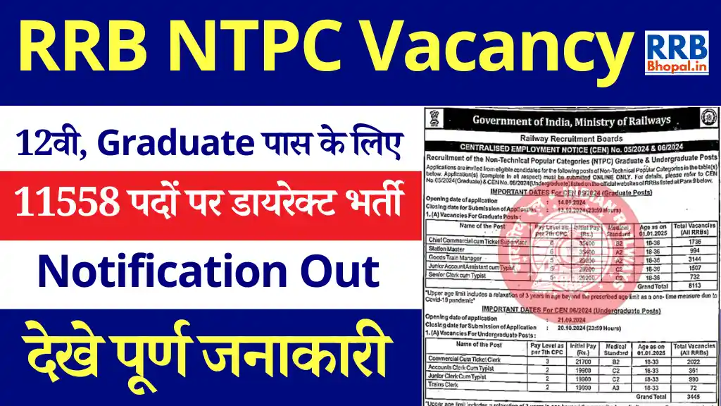 11558 पदो पर RRB NTPC Vacancy 2024: 12 वी पास के लिए बम्पर भर्ती, देखे पूर्ण जानकारी