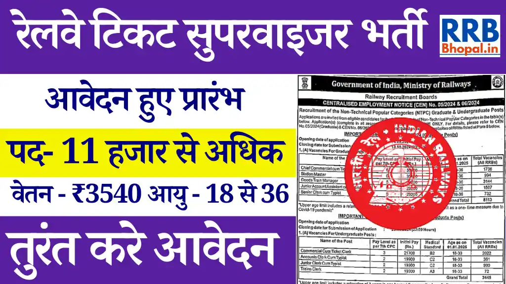 Railway Ticket Supervisor Vacancy 2024, रेलवे टिकट सुपरवाइजर भर्ती 2024 @rrbbhopal.in, रेलवे टिकट सुपरवाइजर भर्ती